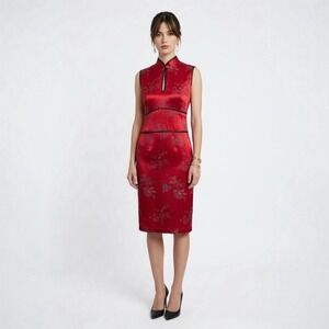 Vintage Red Cheongsam Style Dress 14 Satin Floral Brocade Mandarin Sheath CDC